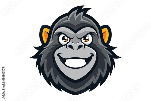 Cartoon gorilla face shows an aggressive smile with its orangeyellow eyes looking forward