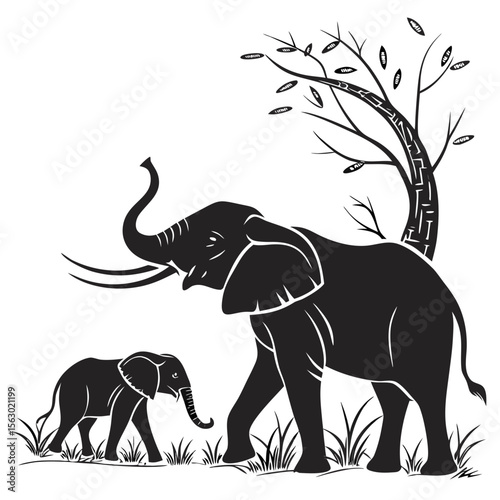 Elephant Family Silhouette Isolated Wildlife Animals on White Background