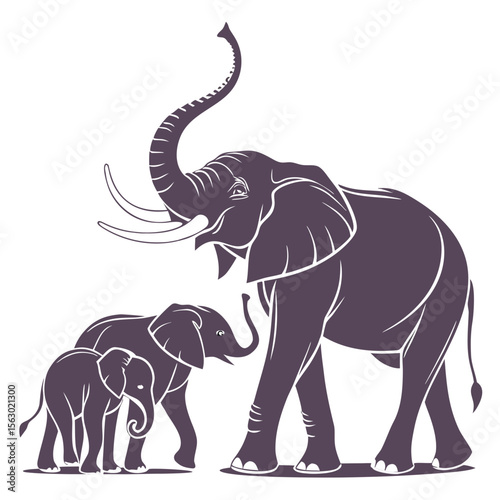 Elephant Family Silhouette Isolated Wildlife Animals on White Background