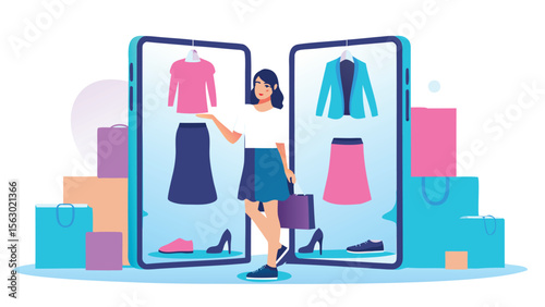 Woman shopping for clothes online using a mobile app with clothing items displayed on the screen exactly