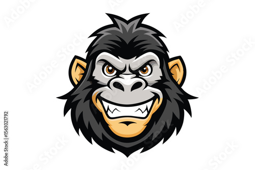 An illustrated gorilla head shows its teeth with a sly and knowing facial expression