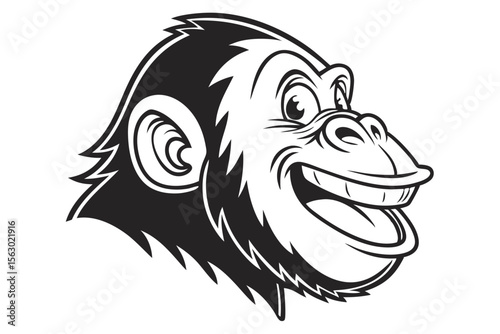 Cartoon ape face, depicted in black and white, features a distinct grin expression