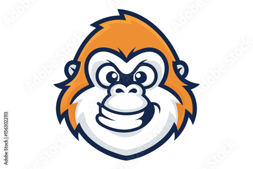 Cartoon ape head with orange fur and a welcoming smile is presented here