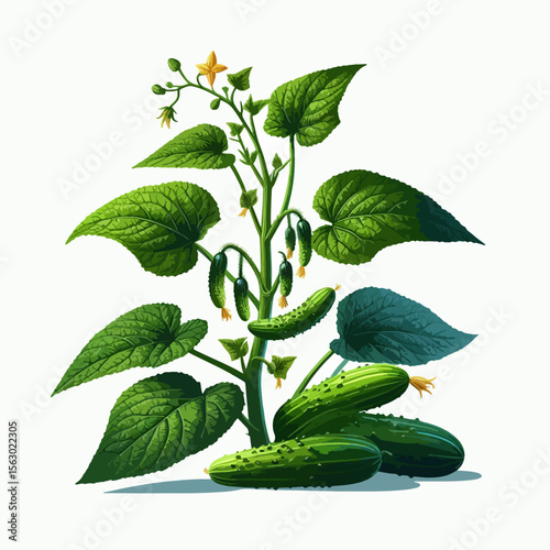 Vividly colored depiction of a cucumber plant, displaying its leaves, blossoms, and cucumbers in various stages of growth, against a plain white background.