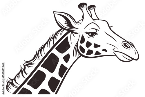 Black and white stylized giraffe head showing its face and neck profile view