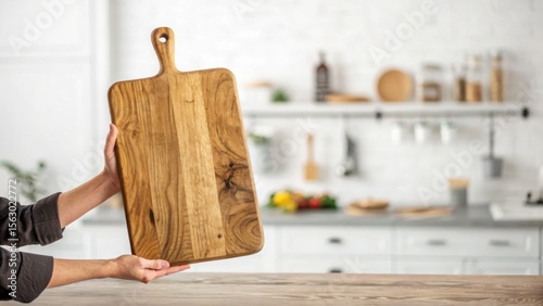 Hands holding a crafted wooden cutting board in bright kitchen conveying the joy of cooking with