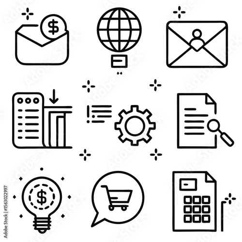 Collection of business and finance icons with a hand drawn style