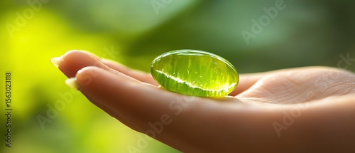 A hand holding a green leaf-shaped object.