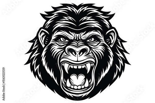 Black and white gorilla head roars ferociously with sharp teeth in a striking, intense expression