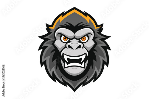 Angry gorilla head shows its large canines with a threatening orange gaze