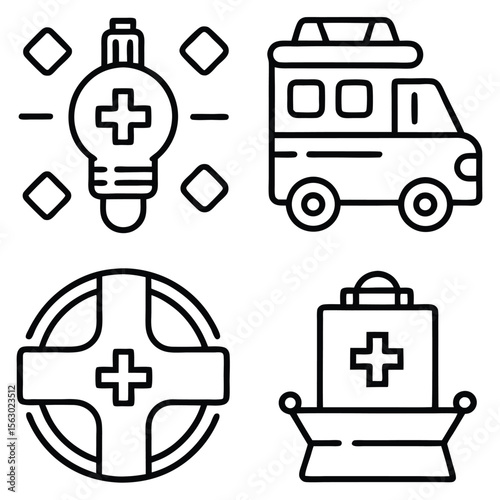 Set of four simple medical icons including a lightbulb with a cross ambulance lifebuoy and first aid kit