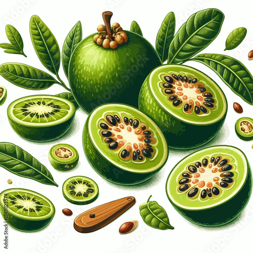 Digital illustration showcasing various sections and whole forms of a vibrant green fruit, complete with leaves and seeds. The image is highly detailed and displays the fruit's internal structure.