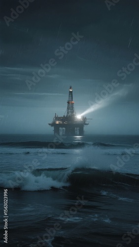Offshore Oil Rig Illuminated in Stormy Seas