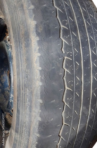 Close up view of a worn and cracked rubber tire tread with a metal rim