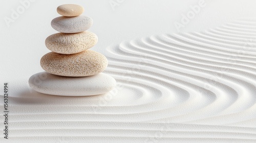 Serene Stacked Stones in White Sand Zen Garden