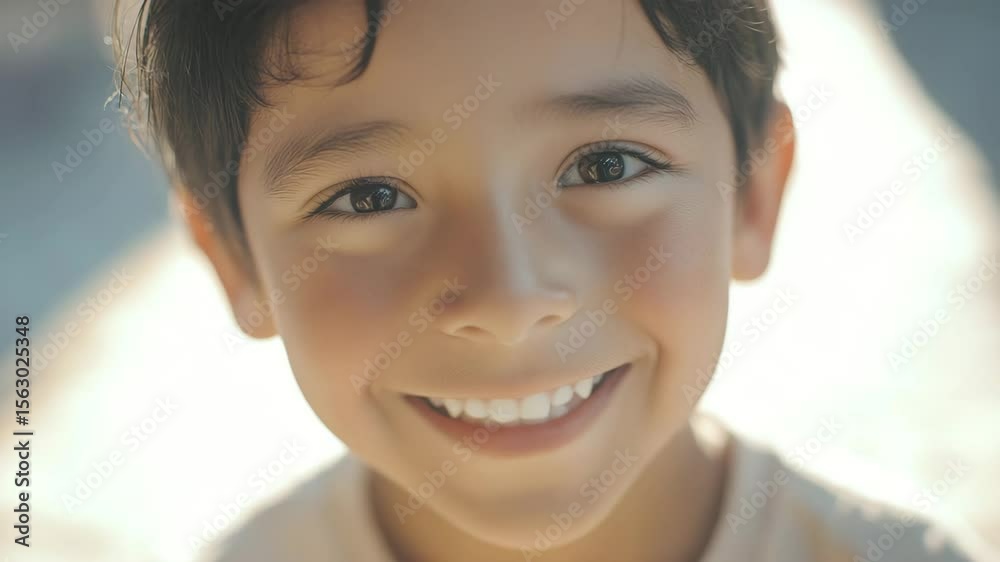 Smiling happy boy with dark hair and bright eyes close up portrait showing innocence and joy face child smile happy eyes dark hair innocence portrait close up natural light warmth bright eyes smooth