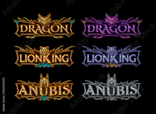 set of fantasy gothic medieval glossy game logo with dragon, lion, anubis symbol in gold, diamond, silver color