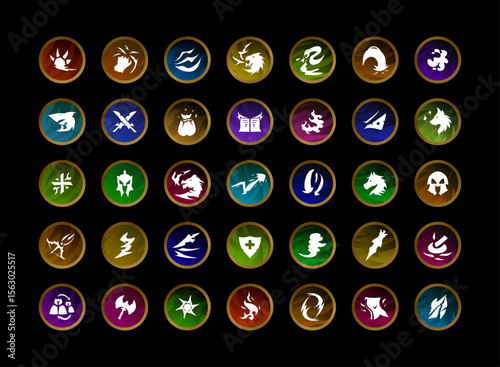 set of fantasy medieval game button with spells, skills, class, and elements in gold frame and various color
