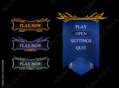 set of fantasy gothic dark medieval game button and banner ui menu frame in gold, silver and diamond