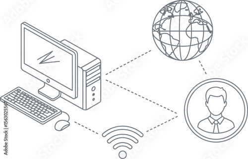 Computer network diagram showing connection with user and globe illustration