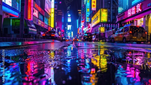 Colorful neon-lit city at night with rain-soaked streets reflecting bright lights