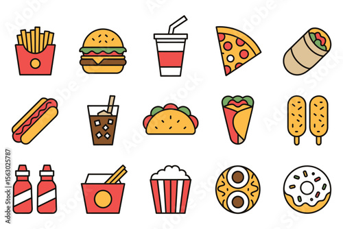 Street Food Flat Color Line Icons. Burger, Hotdog & Sandwich Set,

