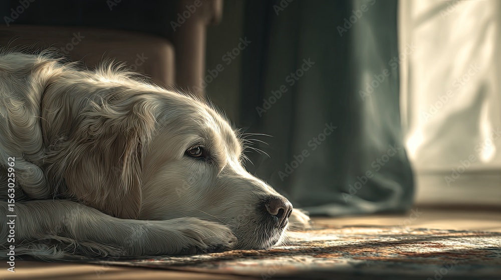 Obraz premium Golden Retriever Dog Resting Peacefully on the Floor in Sunlight Near a Window