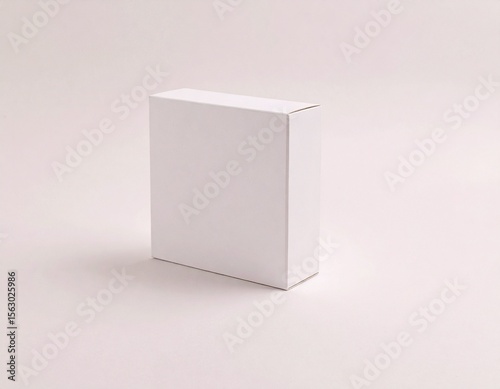Minimalist white square product box mockup standing upright on seamless white background