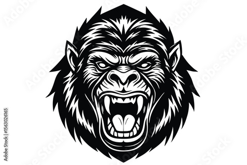 Angry gorilla roars fiercely, displaying its powerful teeth in black and white tones