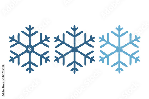 Three stylized blue snowflakes with gradient shading on a black background representing winter