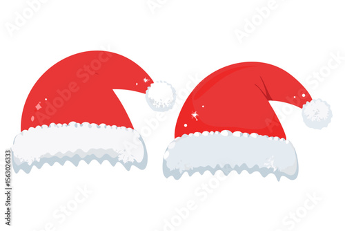 Two festive santa claus hats with fluffy white trim and pom poms on a black background