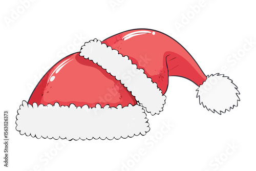 A festive red santa hat with fluffy white trim and a pom pom isolated on a black background