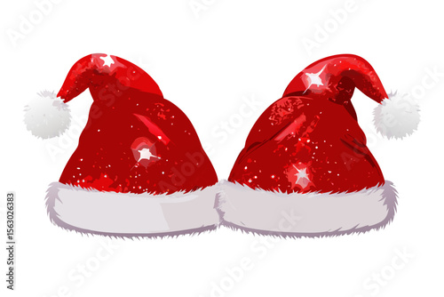 Two sparkling red santa hats with white pom poms and fur trim on a black background