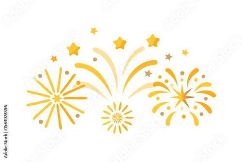 Festive golden fireworks and stars explode against a dark black background celebrating a special occasion