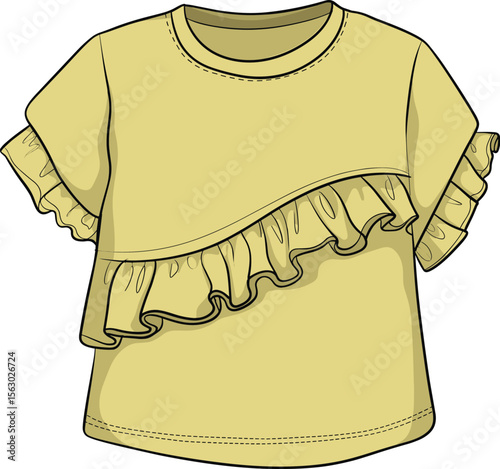 Yellow Ruffle Sleeve Blouse Front View, Stylish Women’s Top with Diagonal Ruffle Design, Casual Summer Fashion, Chic Modern Clothing Template