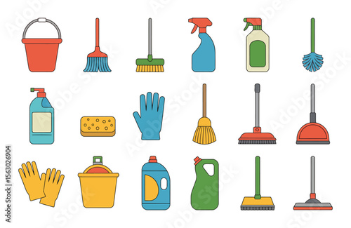 Collection of colorful cleaning supplies and tools for household chores