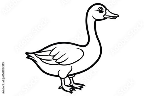 A stylized black goose stands elegantly in profile with its detailed feather pattern showing