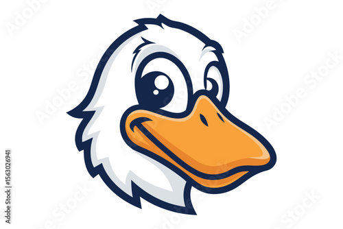 Cartoon white goose head boasts a bright orange beak and cheerful smile
