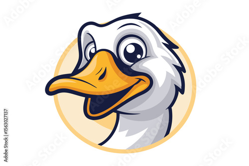 Cartoon goose head showcases a big smile with a circular beige background for appeal