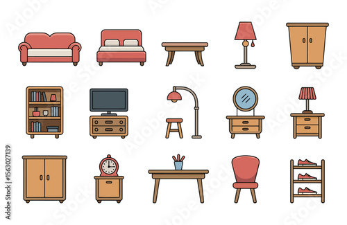 Collection of flat design furniture and home decor items on white background