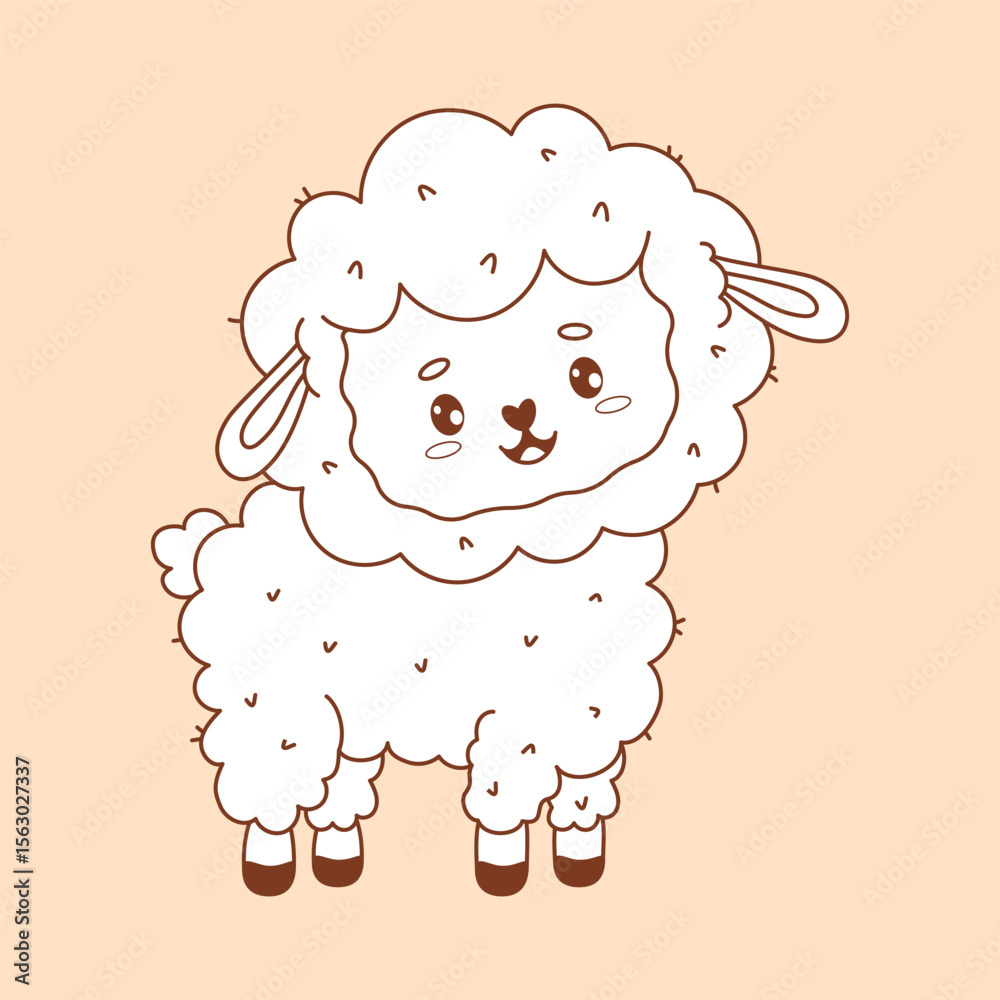 Fototapeta premium Outline cartoon Cute Sheep. Adorable Farm Animal. Funny kawaii character. Line drawing, coloring book. Vector illustration. Kids collection