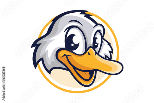 Cheerful cartoon duck head displays a happy smile inside a circular frame
