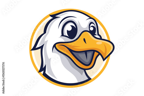 Cheerful cartoon duck character with a yellow beak is shown within a circle