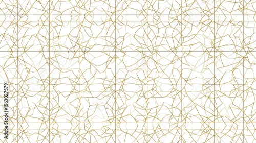 Abstract White Tile Background with Cracks and Veins in Golden Lines and Grid Pattern