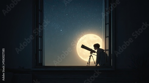 Silhouette of a Child with Telescope Against a Large Luminous Moon and Starry Sky Through a Window