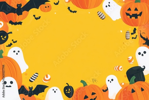 Halloween border featuring pumpkins bats and ghosts isolated on white background