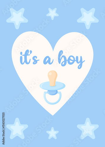 Gentle postcard It's a boy. Poster with baby Dummy for gender reveal party in blue tones. Vector illustration/