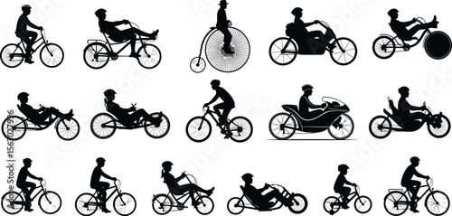 Bike types silhouettes vector illustration cycling bicycle recumbent bikes