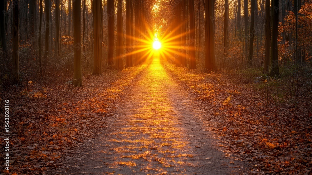 Obraz premium Pathway through a sunlit forest with golden autumn leaves and sunlight streaming through the trees creating a warm glow