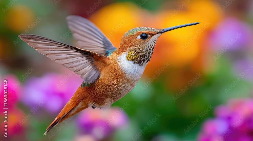 Fototapeta premium Close-up of a Rufous Hummingbird Hovering with Blurry Colorful Flower Background